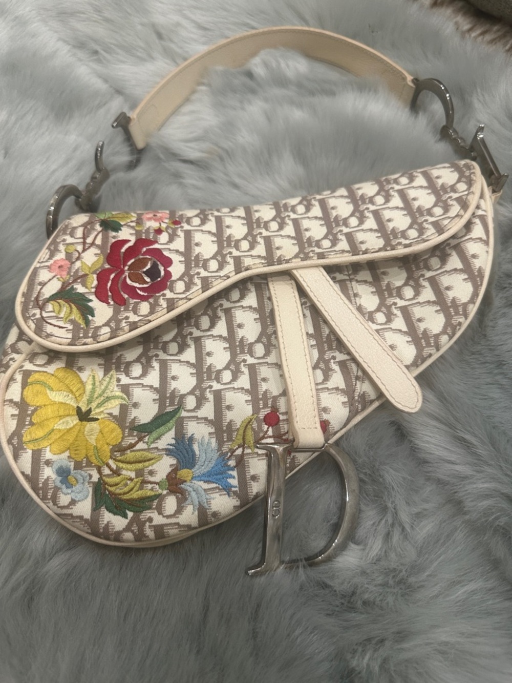 Dior Beige Monogram Saddle Bag with Multicolor Floral Embroidery